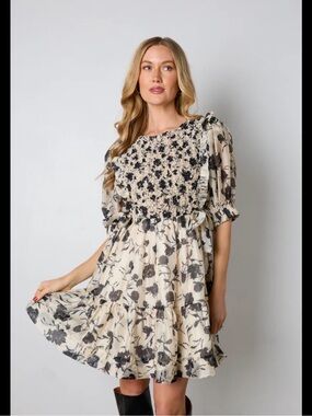 vestique Cream Mini Dress with Black Floral Smocking